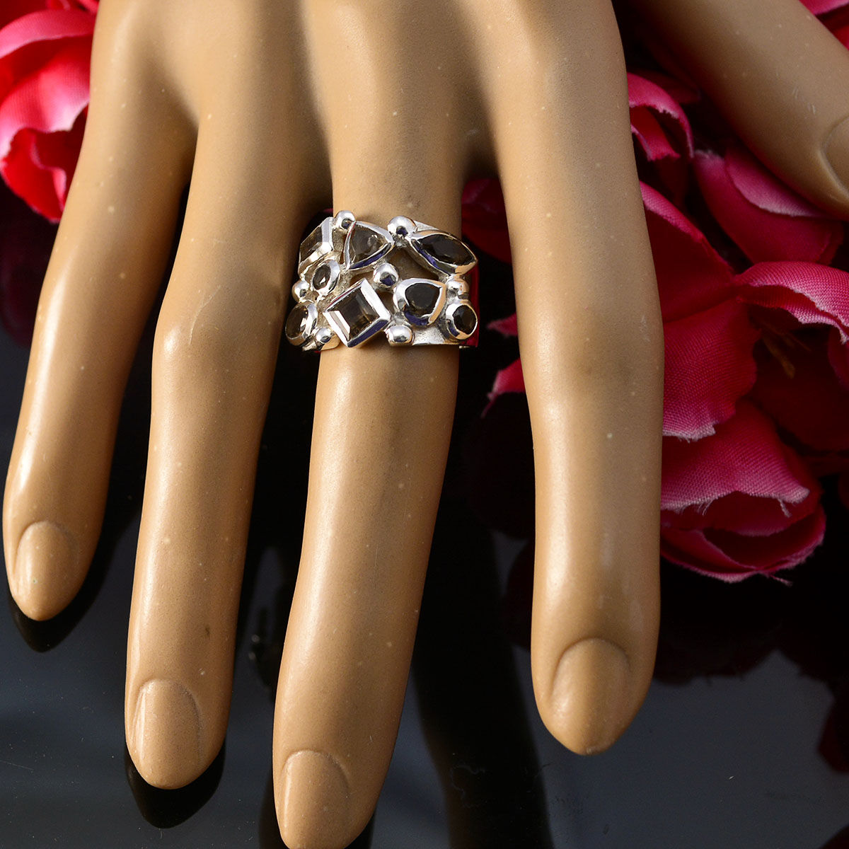 smoky quartz multiple German 925 Silver Brown Gemstone Eye catching Abstract Ring Jewelry