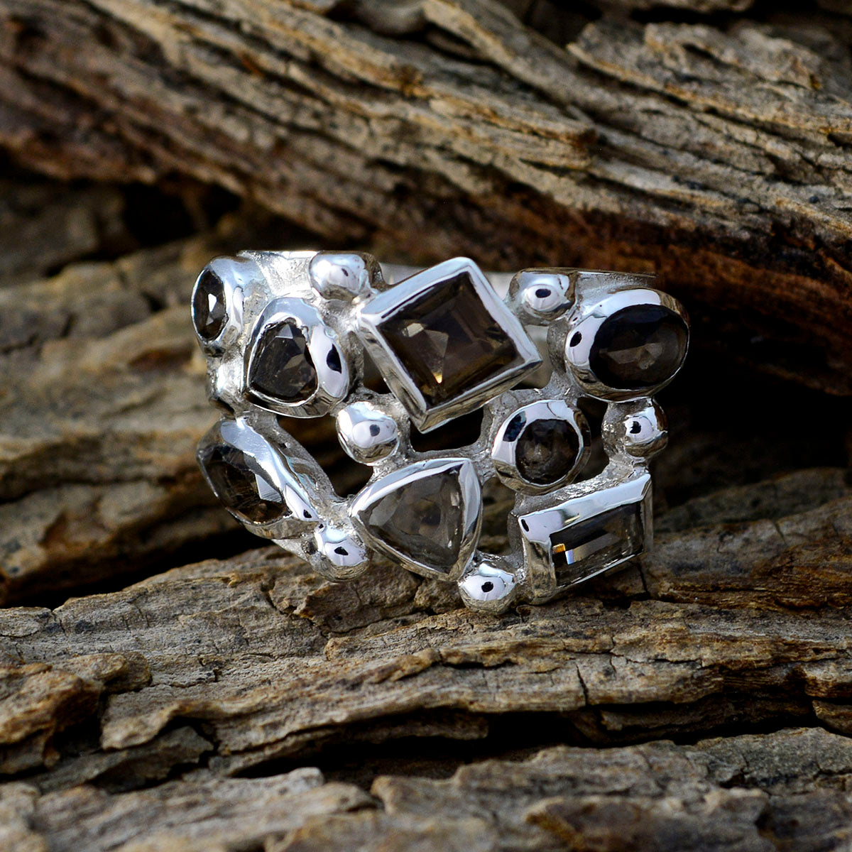 smoky quartz multiple German 925 Silver Brown Gemstone Eye catching Abstract Ring Jewelry