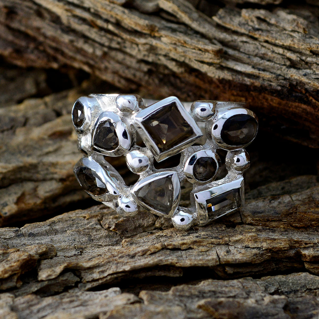 smoky quartz multiple German 925 Silver Brown Gemstone Eye catching Abstract Ring Jewelry
