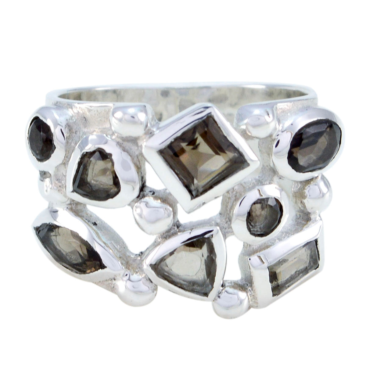 smoky quartz multiple German 925 Silver Brown Gemstone Eye catching Abstract Ring Jewelry