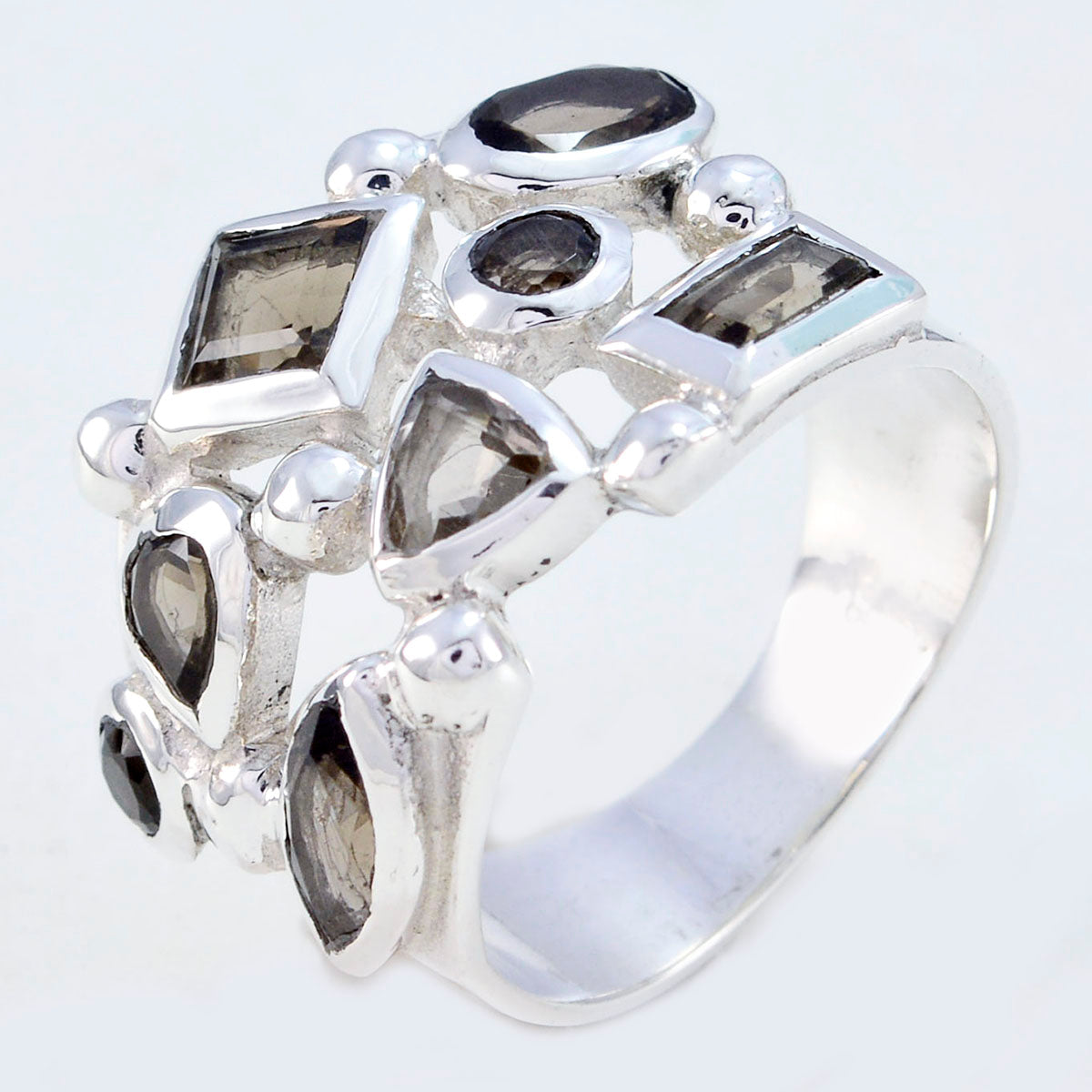 smoky quartz multiple German 925 Silver Brown Gemstone Eye catching Abstract Ring Jewelry