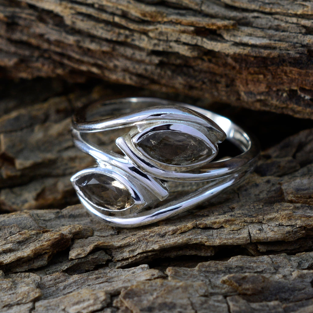 smoky quartz Toi et Moi African Sterling Silver Brown Gemstones Slim Cultural Ring Jewelry