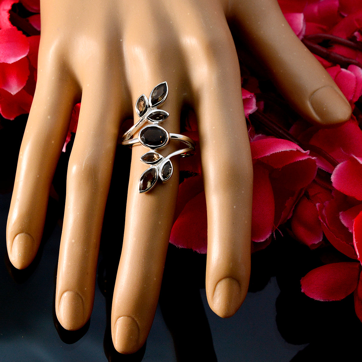 smoky quartz Hepta French 92.5 Silver Brown Gemstone Classic Leafy Ring Jewellery