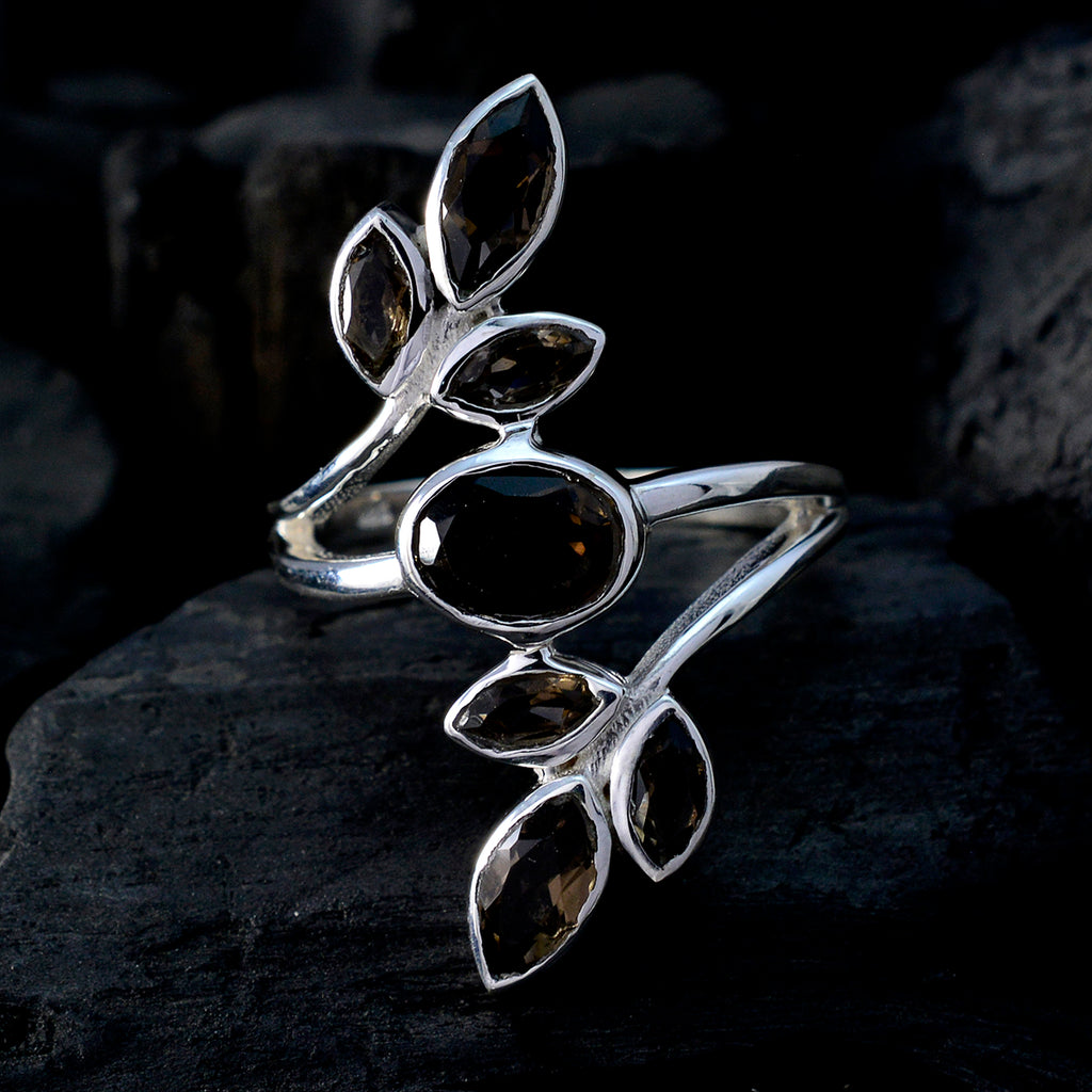smoky quartz Hepta French 92.5 Silver Brown Gemstone Classic Leafy Ring Jewellery