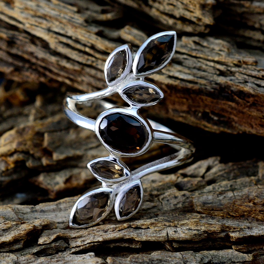 smoky quartz Hepta French 92.5 Silver Brown Gemstone Classic Leafy Ring Jewellery