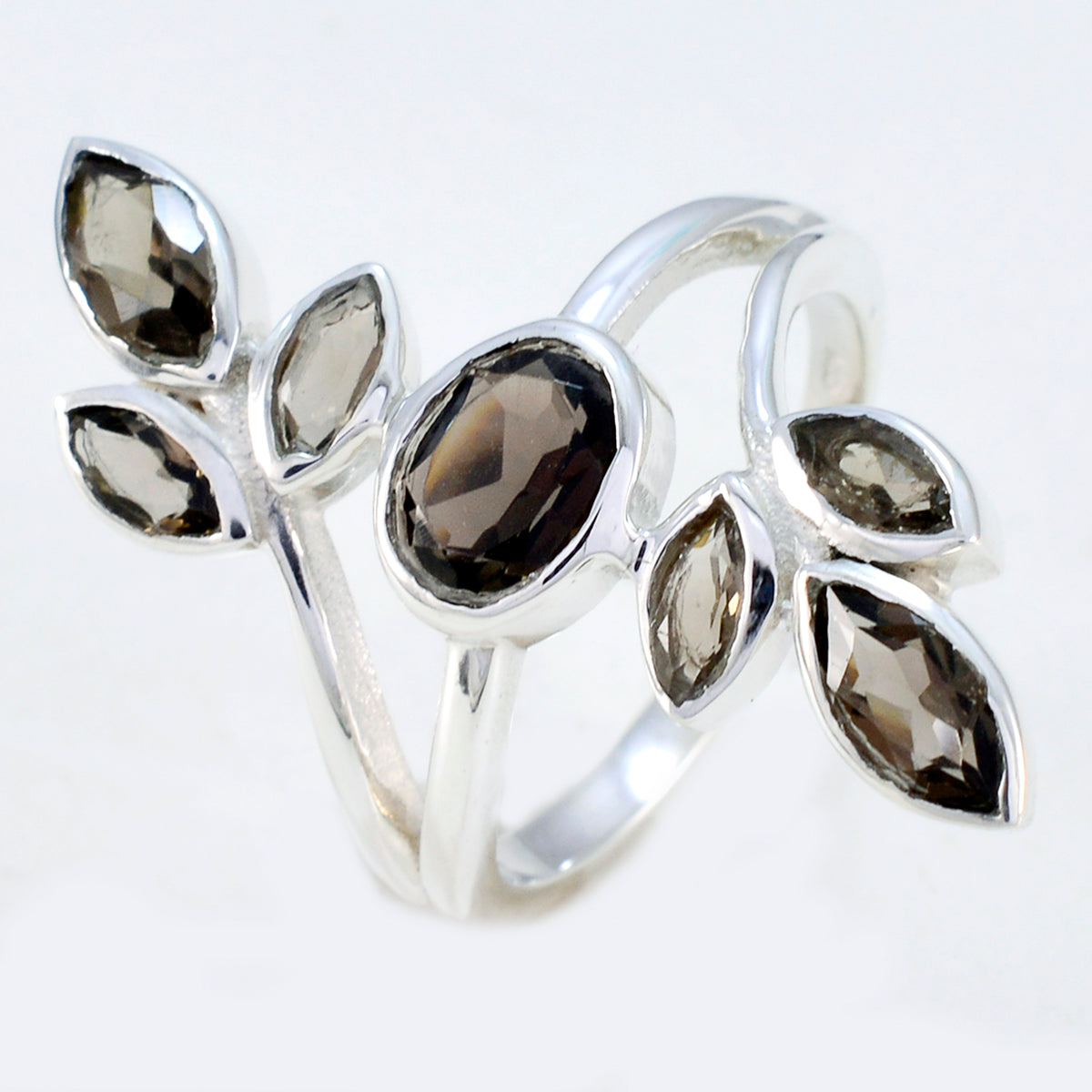 smoky quartz Hepta French 92.5 Silver Brown Gemstone Classic Leafy Ring Jewellery