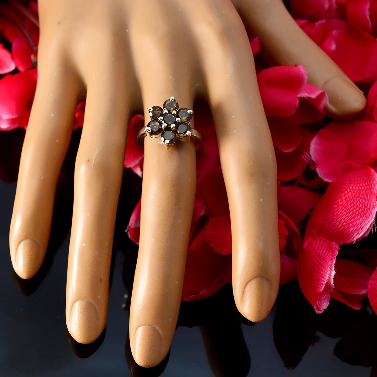 smoky quartz Hepta German Sterling Silver Brown Gems Minimal Floral Ring Jewellery