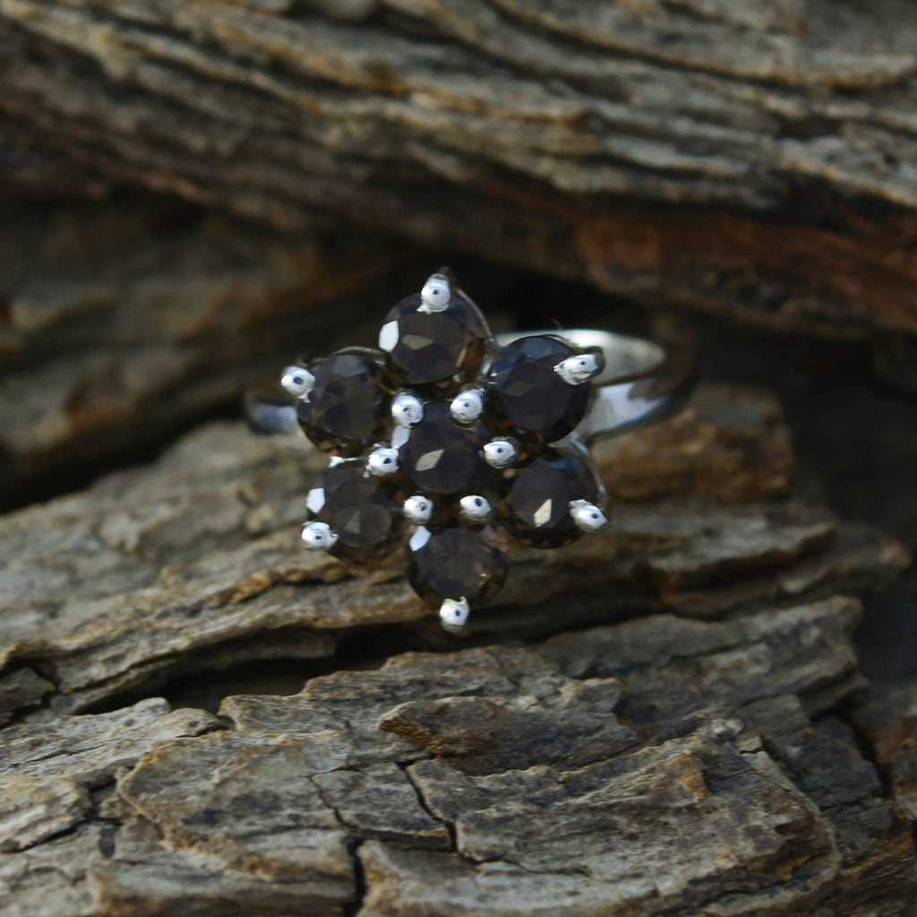 smoky quartz Hepta German Sterling Silver Brown Gems Minimal Floral Ring Jewellery