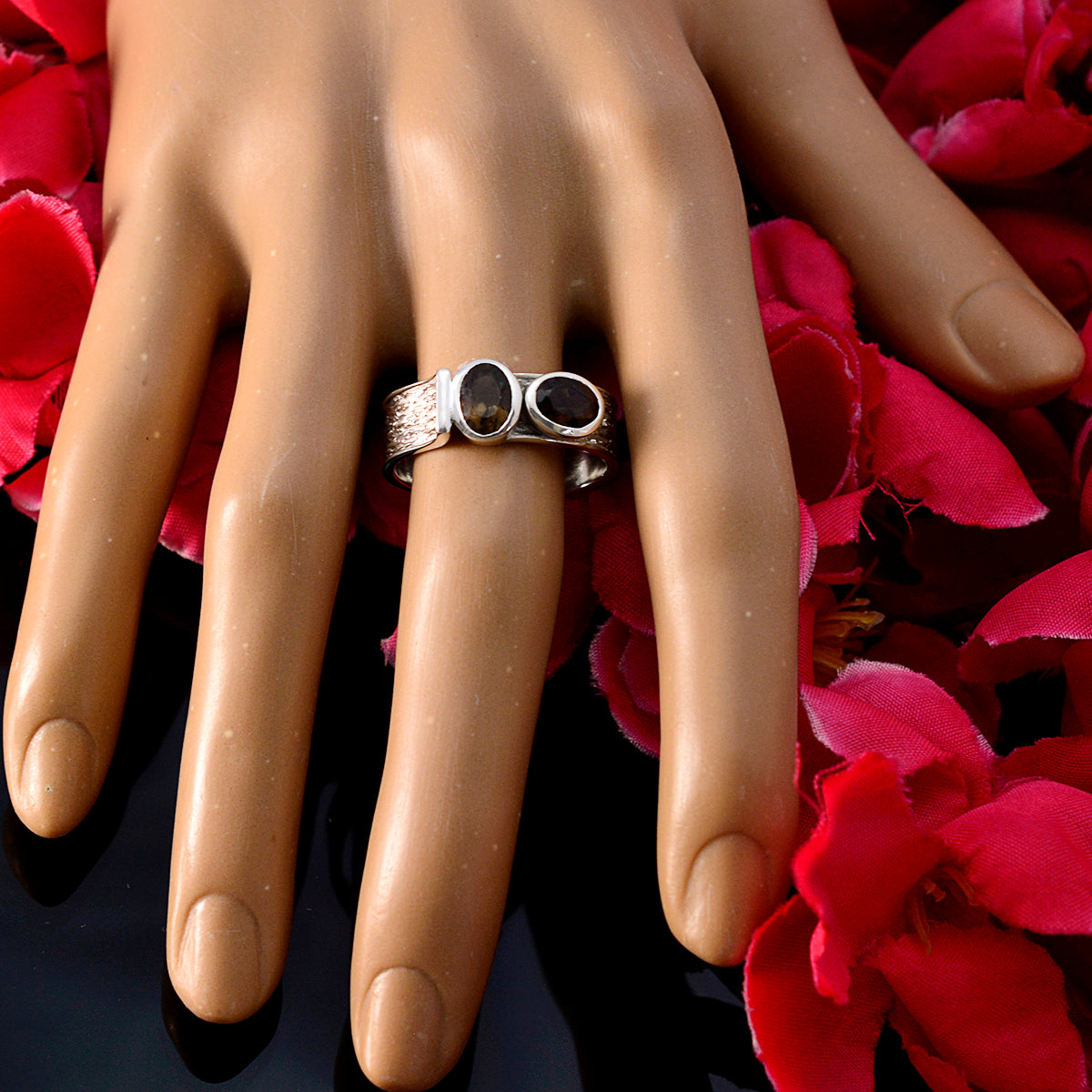 smoky quartz Toi et Moi African 92.5 Silver Brown Gemstones Tiny Feminine Ring Jewellery