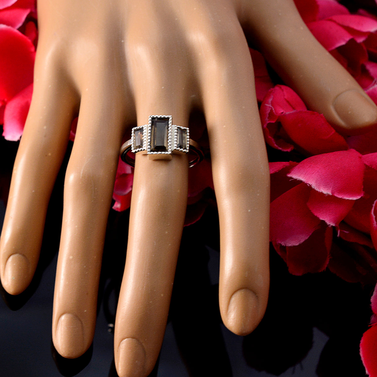 smoky quartz Trilogy Korean Sterling Silver Brown Gems Whisper thin Artisan Ring Jewelry