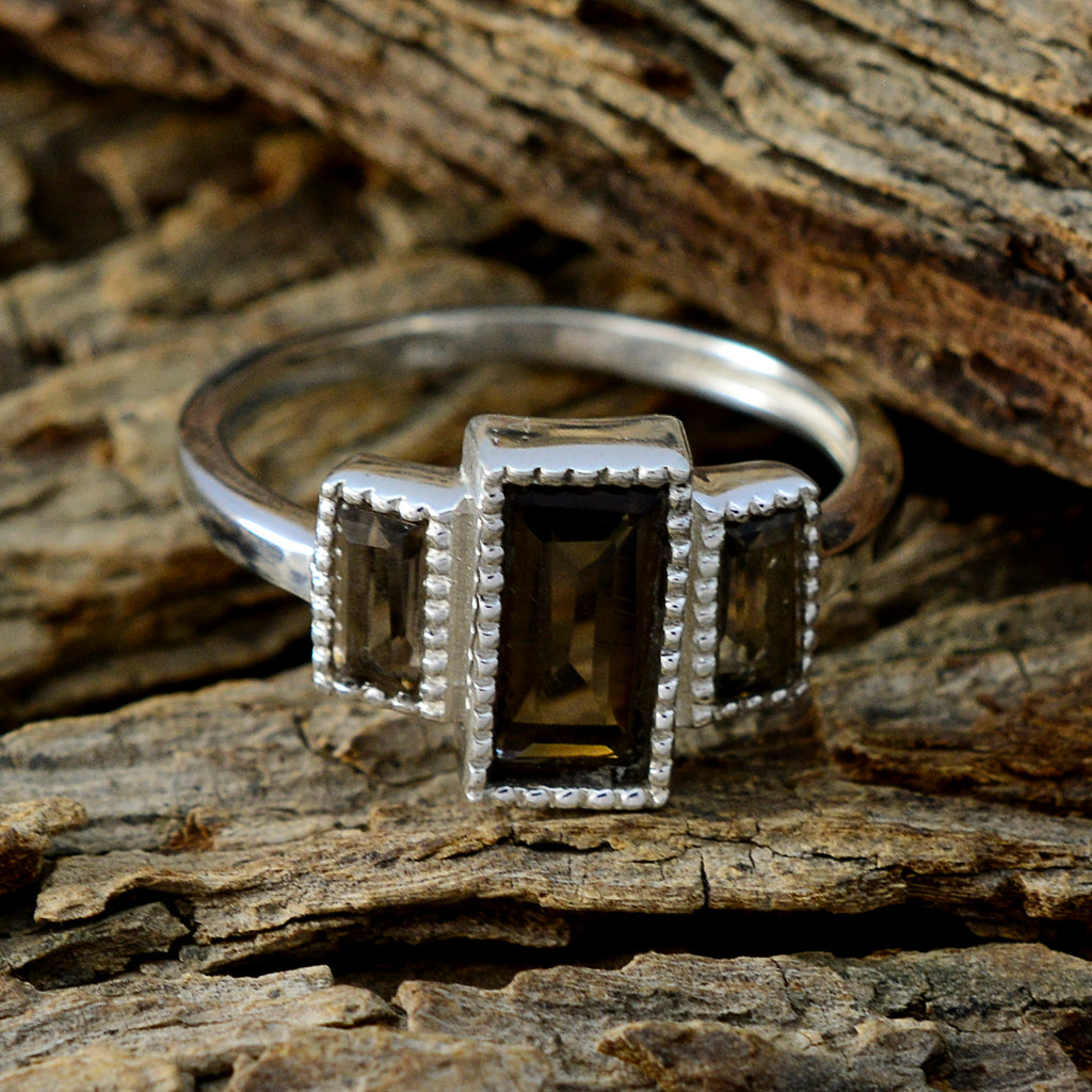 smoky quartz Trilogy Korean Sterling Silver Brown Gems Whisper thin Artisan Ring Jewelry