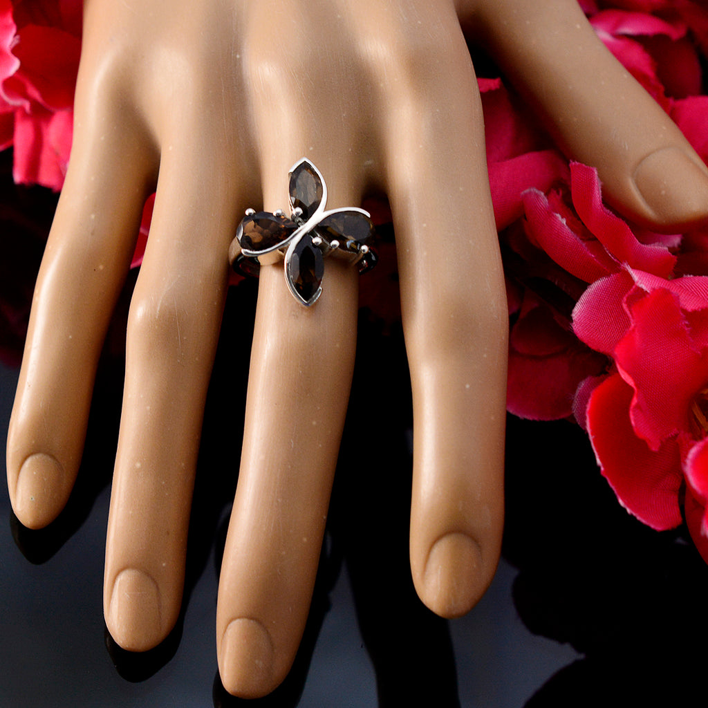 smoky quartz quarter German 925 Sterling Silver Brown Gemstones Minimal Floral Ring Jewelry
