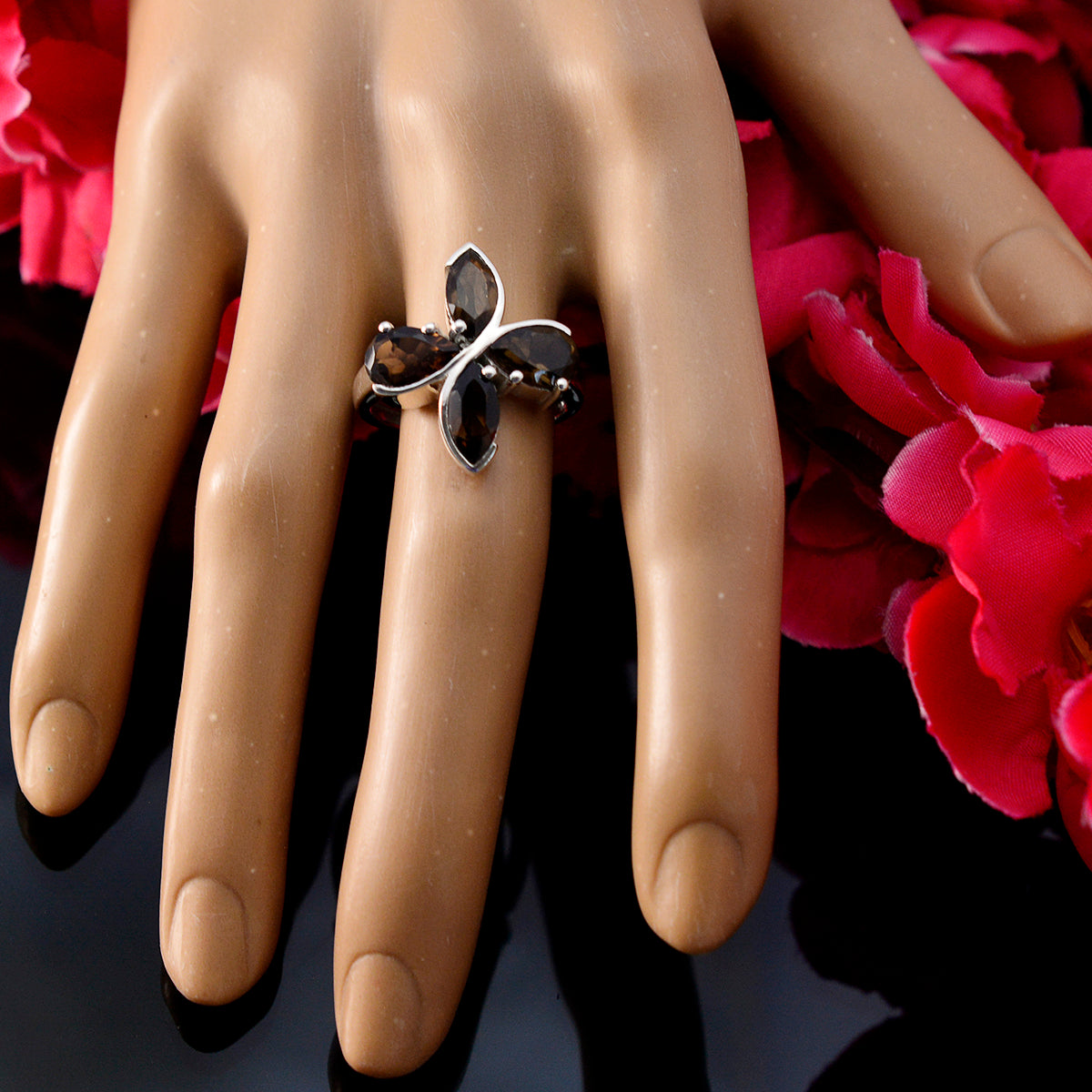 smoky quartz quarter German 925 Sterling Silver Brown Gemstones Minimal Floral Ring Jewelry