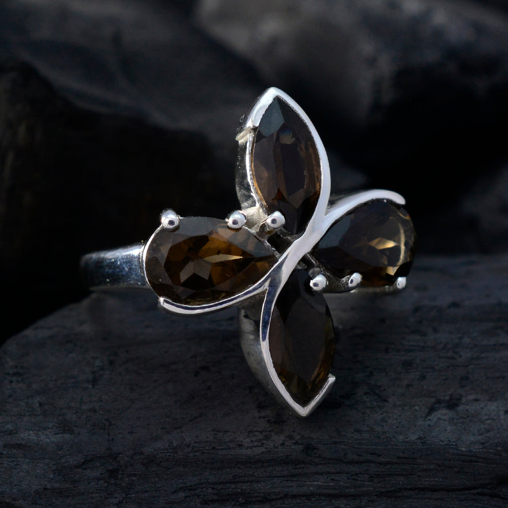 smoky quartz quarter German 925 Sterling Silver Brown Gemstones Minimal Floral Ring Jewelry
