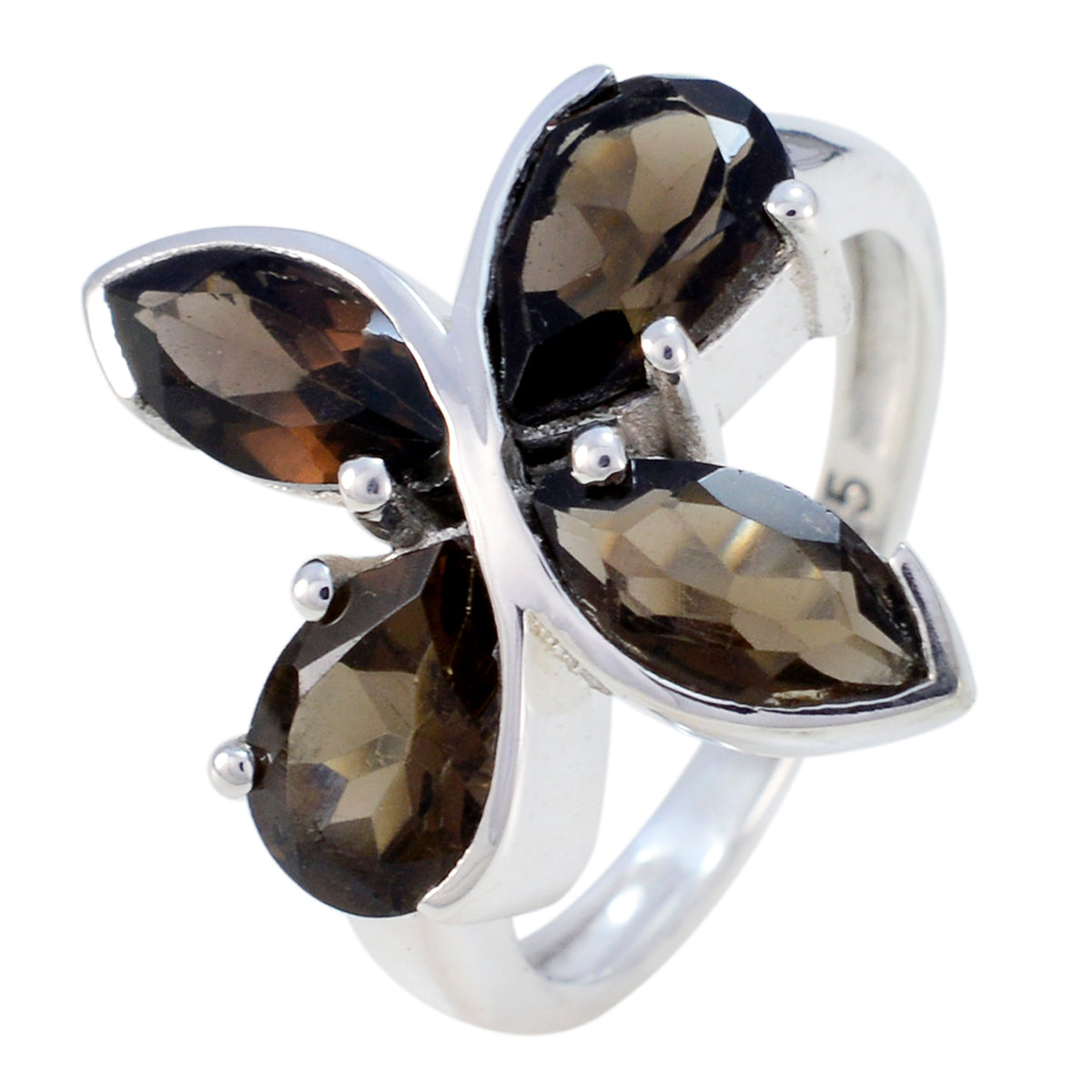 smoky quartz quarter German 925 Sterling Silver Brown Gemstones Minimal Floral Ring Jewelry