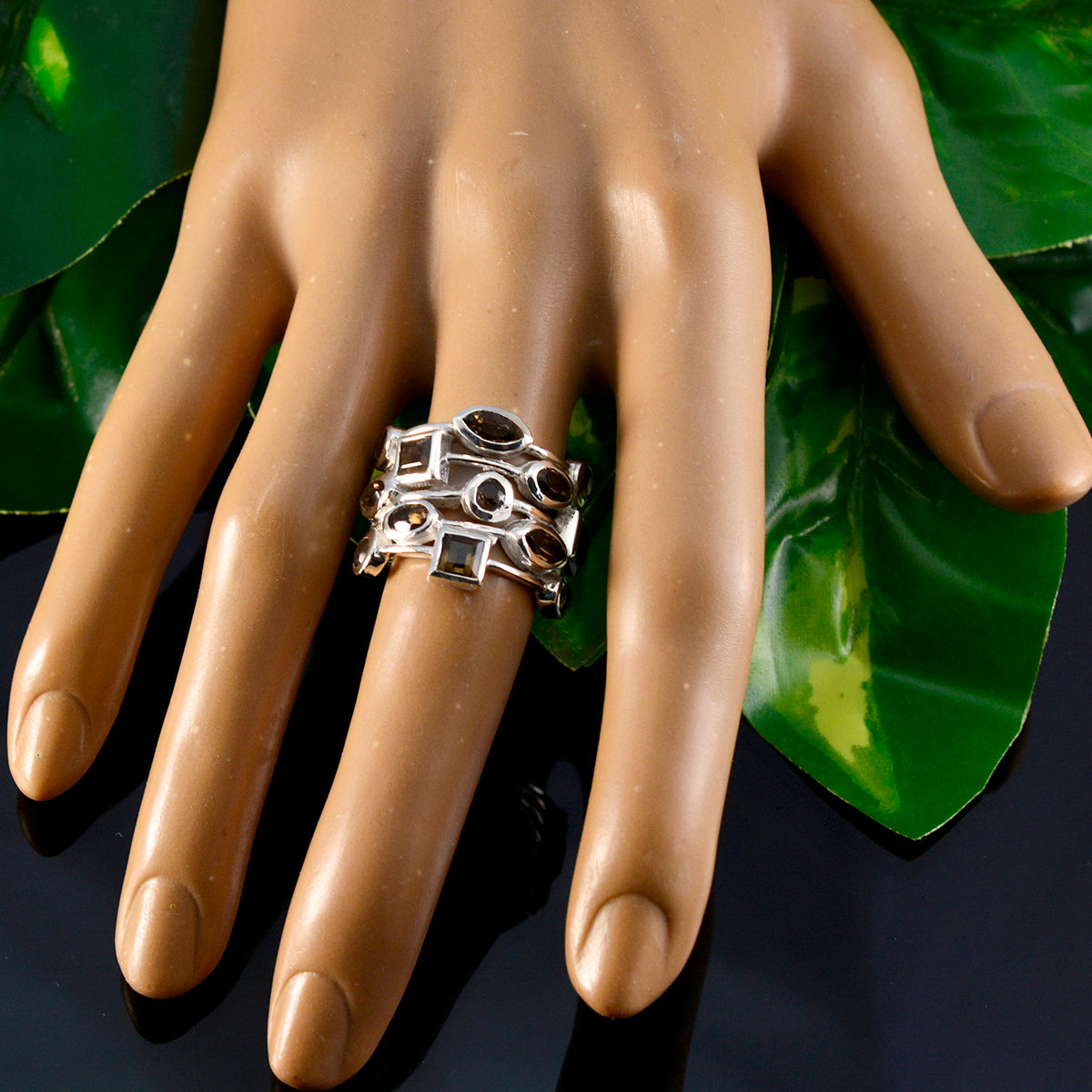 Smoky Quartz multiple Russian Silver Brown Gemstone Eye catching Abstract Ring Jewelry