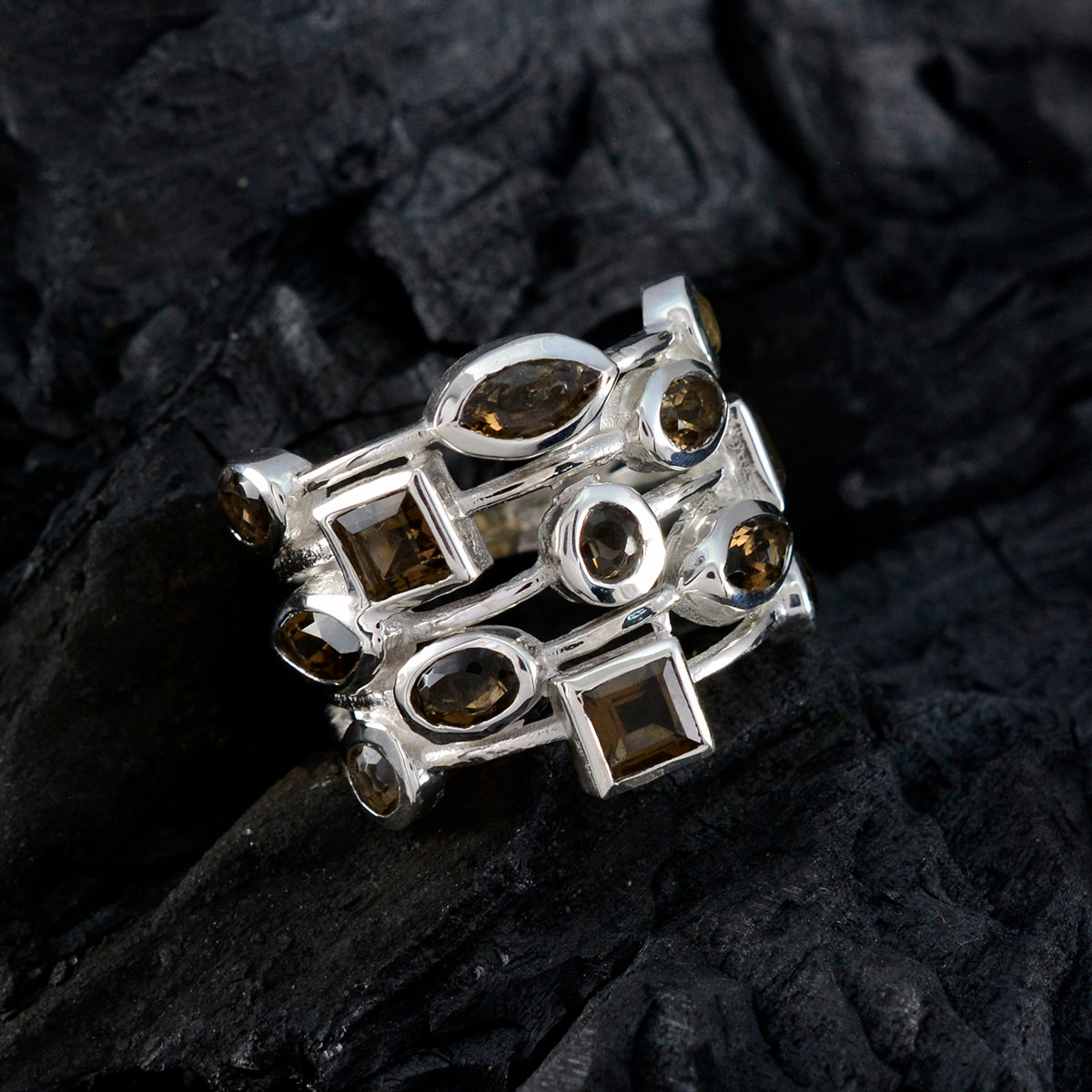 Smoky Quartz multiple Russian Silver Brown Gemstone Eye catching Abstract Ring Jewelry
