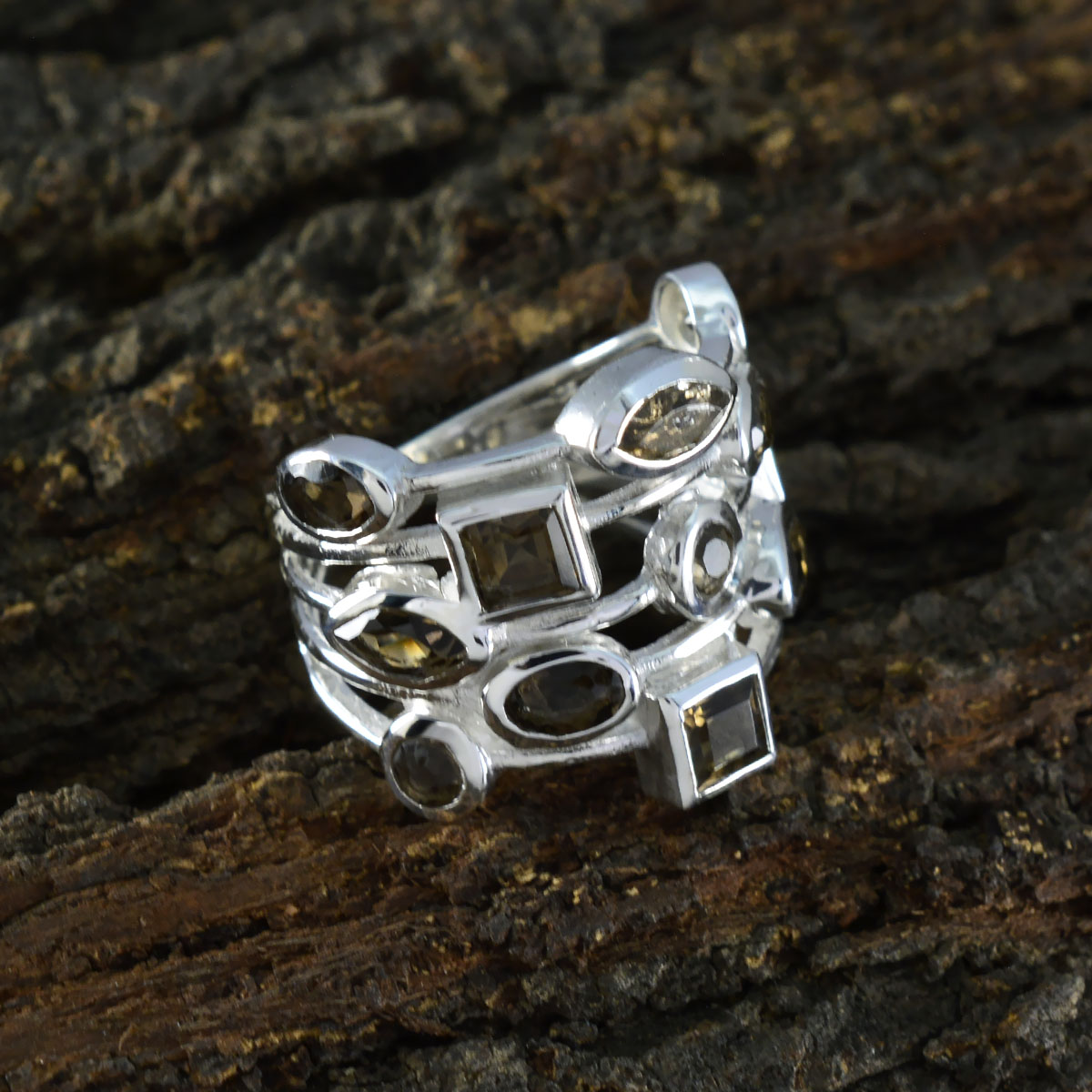 Smoky Quartz multiple Russian Silver Brown Gemstone Eye catching Abstract Ring Jewelry