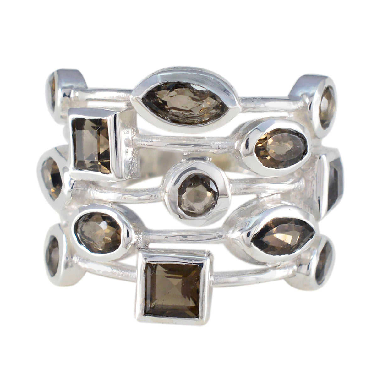 Smoky Quartz multiple Russian Silver Brown Gemstone Eye catching Abstract Ring Jewelry