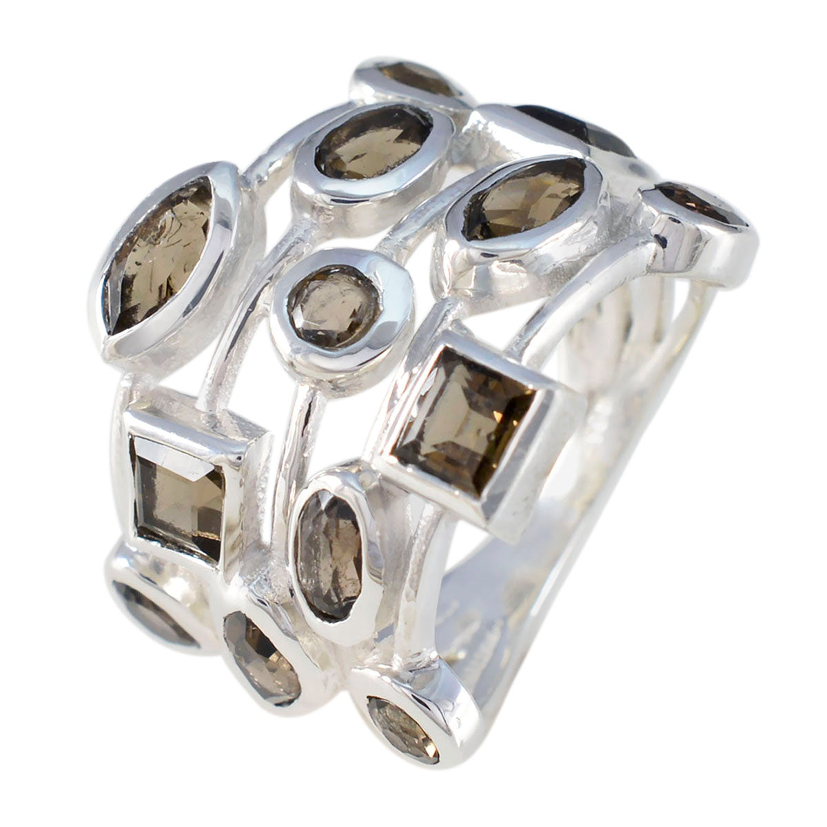 Anello astratto accattivante con gemma marrone in argento russo multiplo di quarzo fumé Immagine secondaria del prodotto