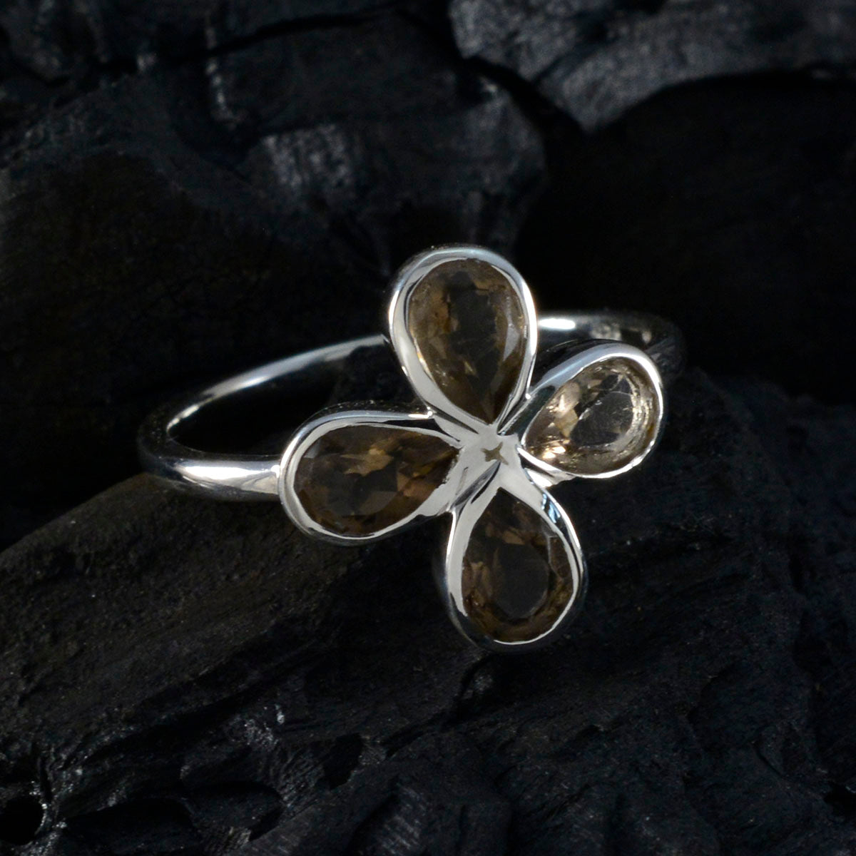 Smoky Quartz quarter Korean Silver Brown Gems Dainty Floral Ring Jewellery