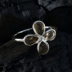 Smoky Quartz quarter Korean Silver Brown Gems Dainty Floral Ring Jewellery