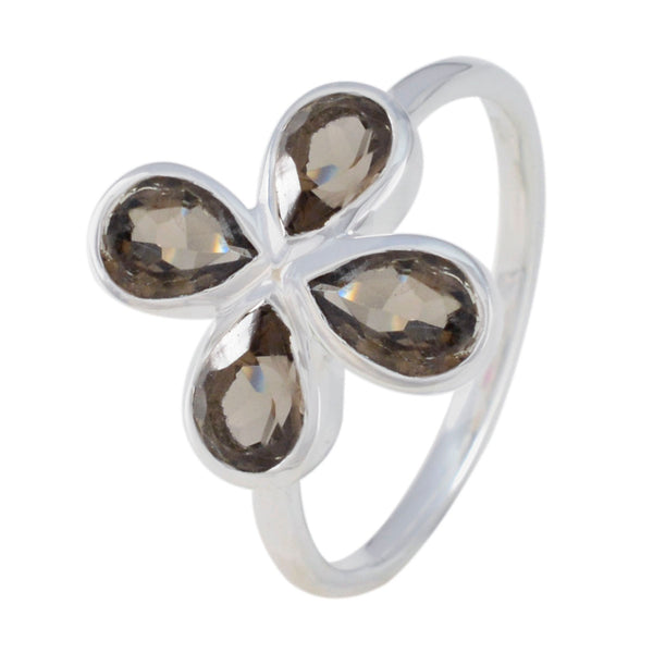 Smoky Quartz quarter Korean Silver Brown Gems Dainty Floral Ring Jewellery