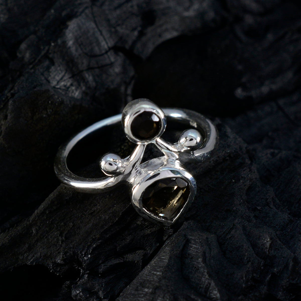 Smoky Quartz Toi et Moi African Sterling Silver Brown Gemstone Tiny Modern Ring Jewellery