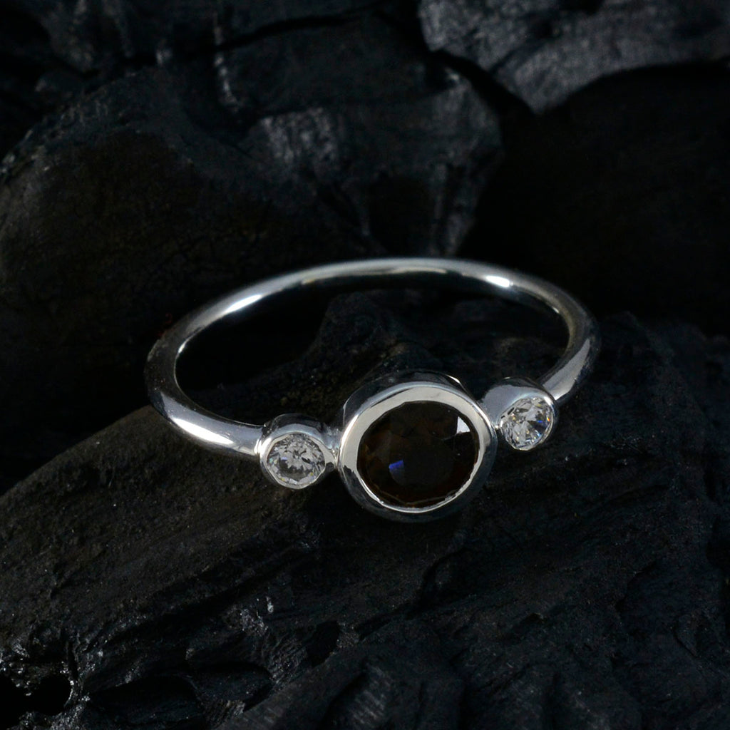 Smoky Quartz Trilogy Korean Silver Brown Gemstones Elegant  Glamorous Ring Jewelry