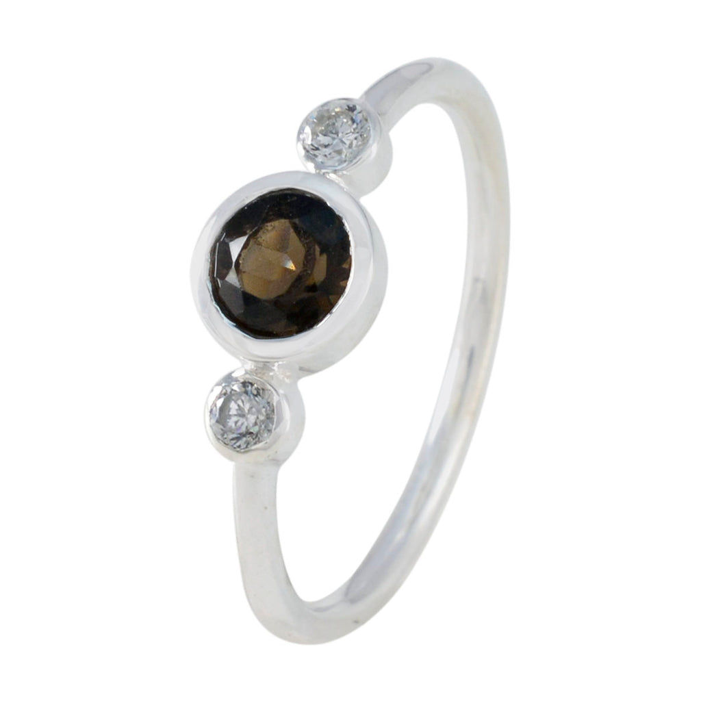 Smoky Quartz Trilogy Korean Silver Brown Gemstones Elegant  Glamorous Ring Jewelry