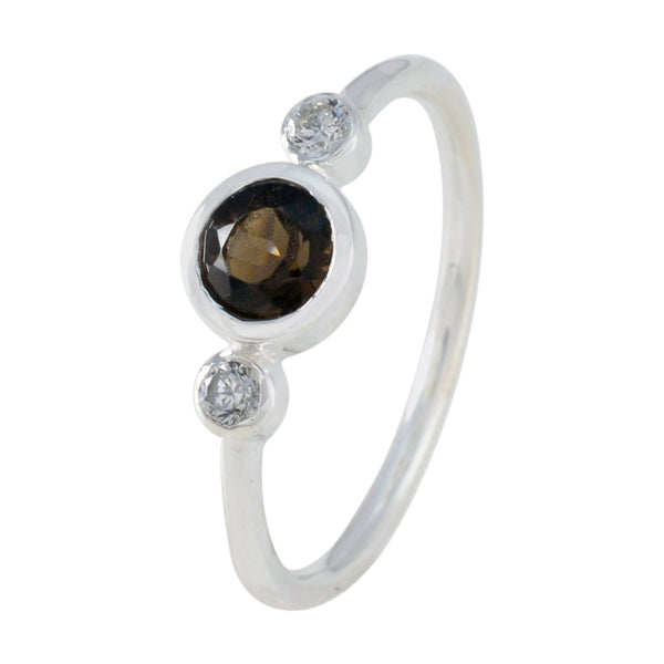 Smoky Quartz Trilogy Korean Silver Brown Gemstones Elegant  Glamorous Ring Jewelry