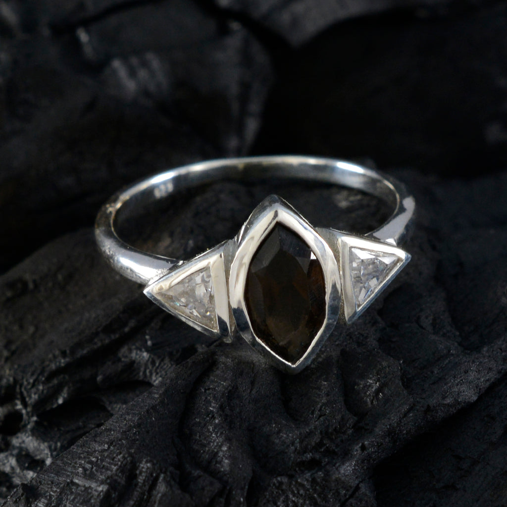 Smoky Quartz Trilogy Korean 92.5 Silver Brown Gemstones Whisper thin Modern Ring Jewelry