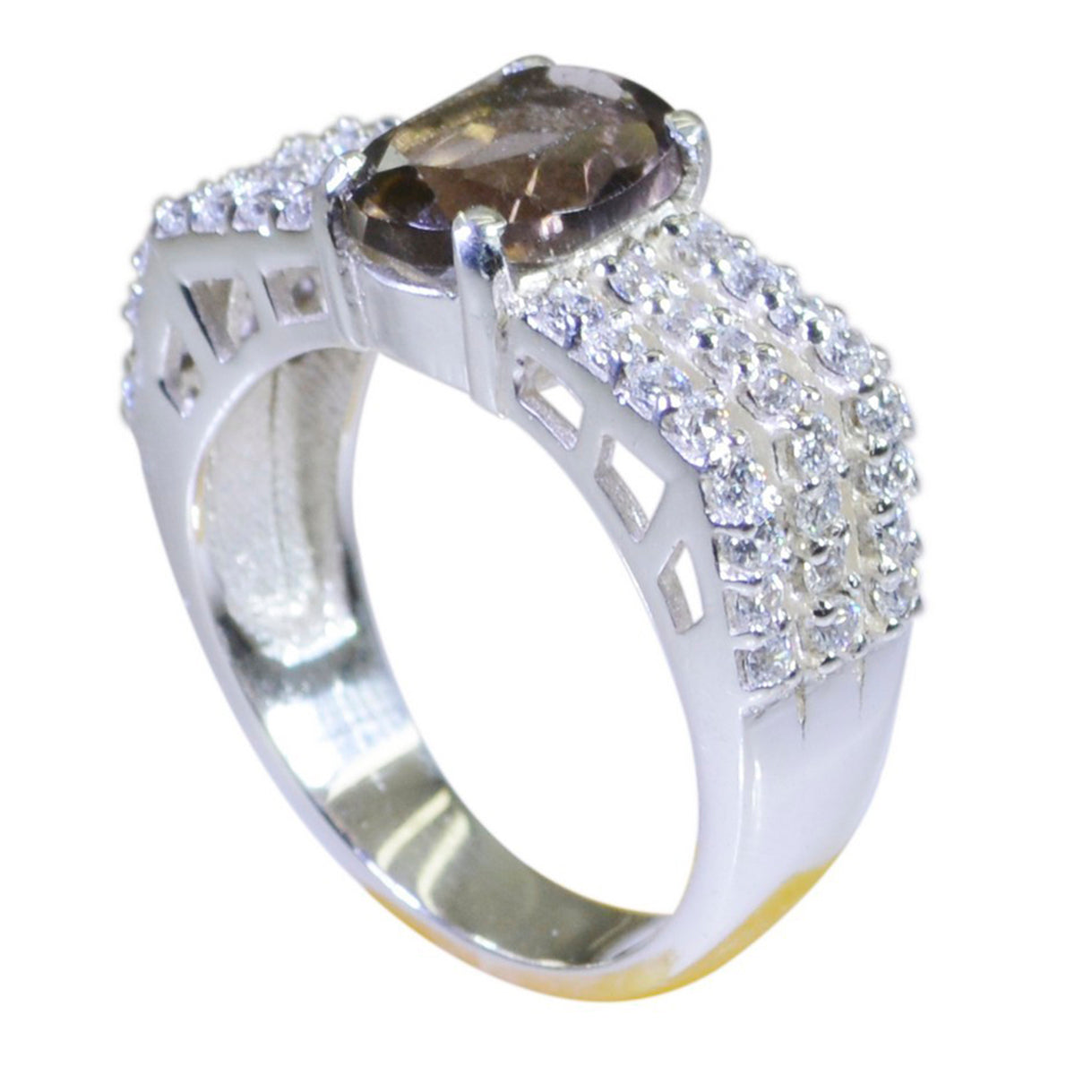 smoky quartz Halo Egyptian 925 Silver Brown Gemstone Eye catching Modern Ring Jewelry