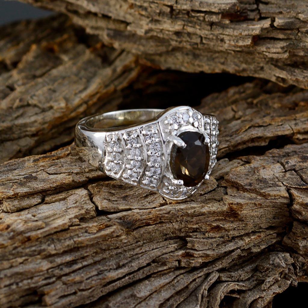 smoky quartz Halo Russian 92.5 Silver Brown Gemstones Mid weight Graceful Ring Jewelry