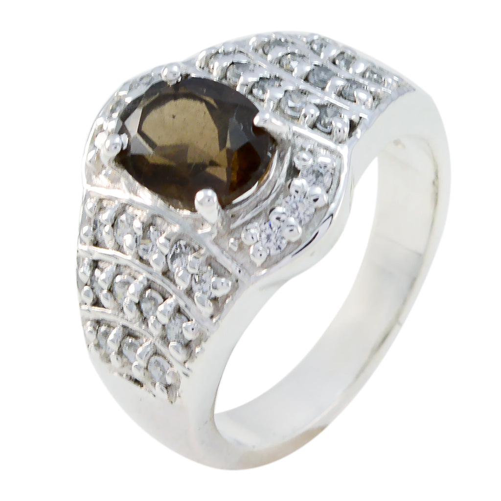 smoky quartz Halo Russian 92.5 Silver Brown Gemstones Mid weight Graceful Ring Jewelry