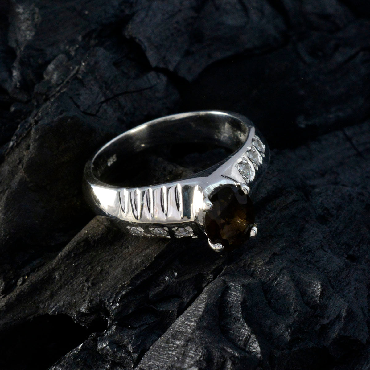 Smoky Quartz Halo German Silver Brown Gems Mid weight Romantic Ring Jewelry