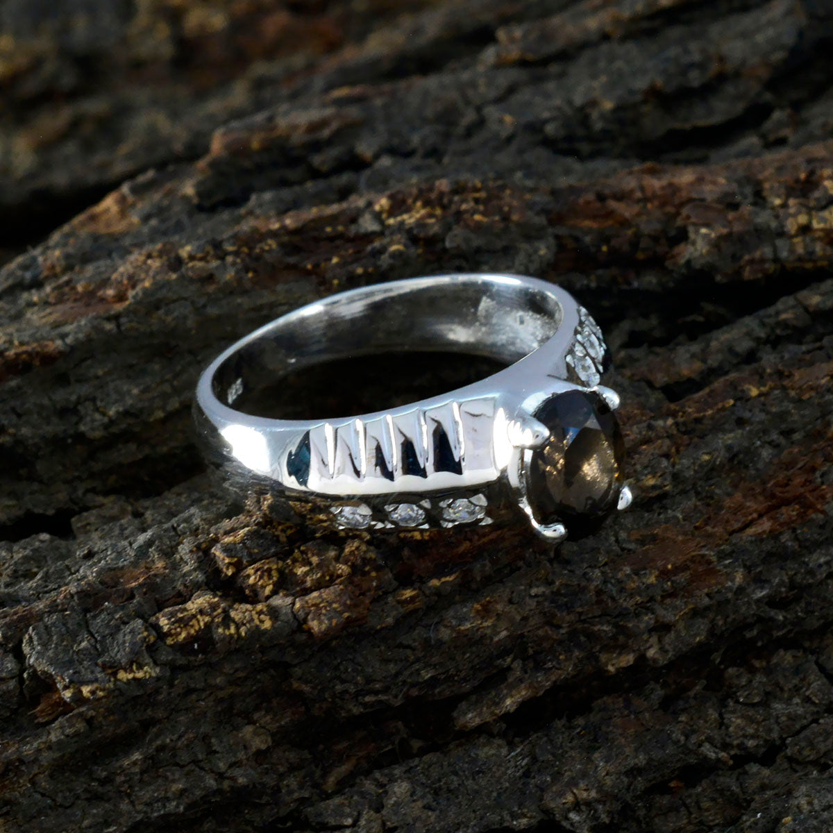 Smoky Quartz Halo German Silver Brown Gems Mid weight Romantic Ring Jewelry