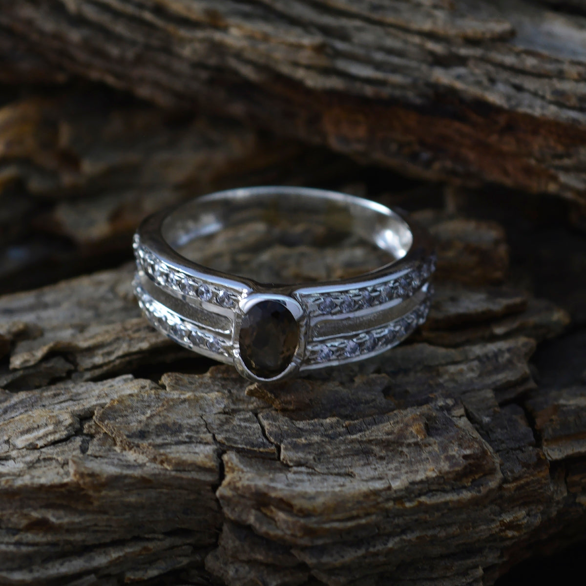 smoky quartz Halo American 92.5 Silver Brown Gemstone Whisper thin Boho Ring Jewelry