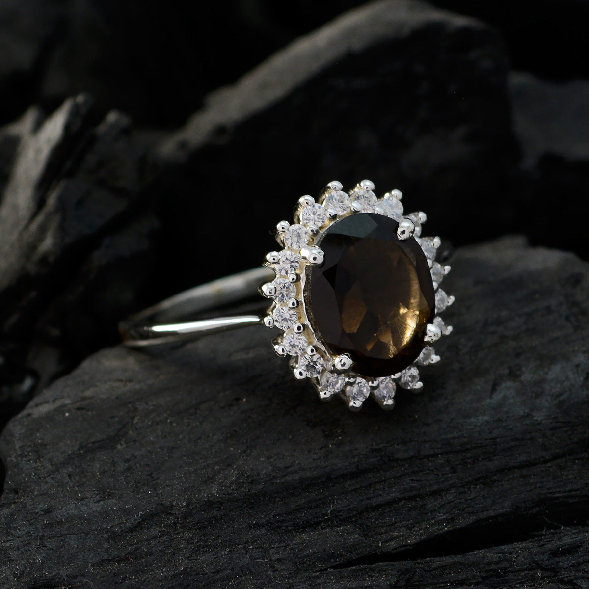 smoky quartz Halo Korean 92.5 Silver Brown Gemstones Whisper thin Modern Ring Jewelry