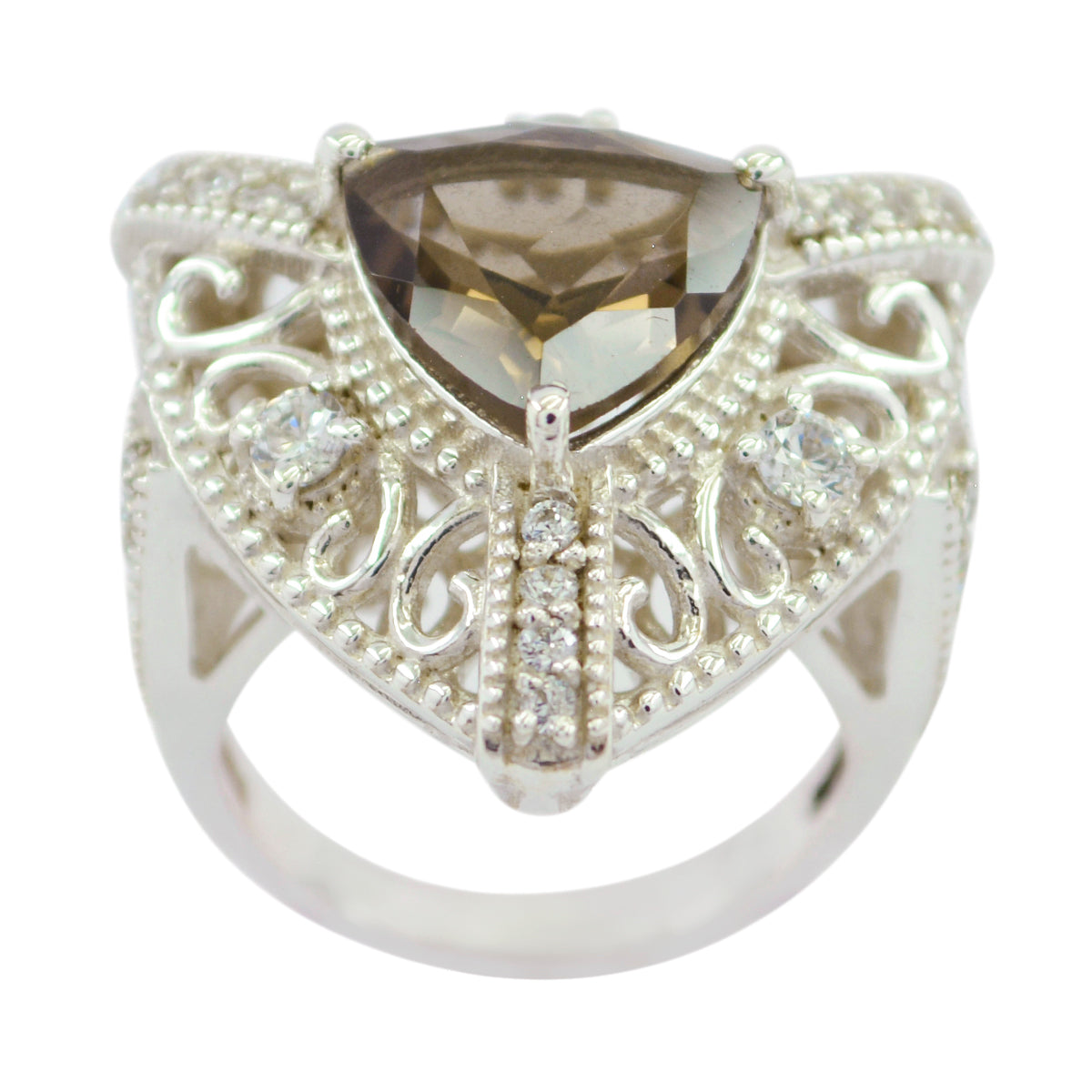 smoky quartz Halo Egyptian 92.5 Silver Brown Gemstones Statement Filigree Ring Jewellery