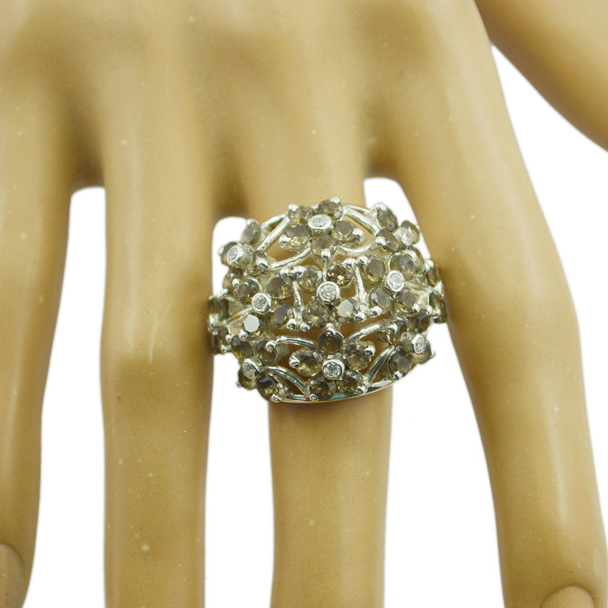 smoky quartz multiple African 92.5 Silver Brown Gemstones Statement Floral Ring Jewelry
