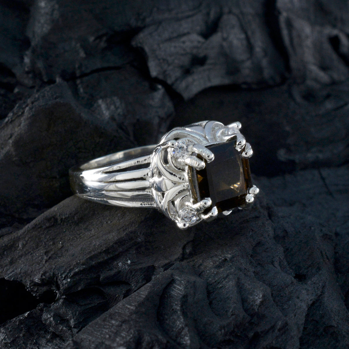 Smoky Quartz Halo French 92.5 Silver Brown Gemstones Mid weight Feminine Ring Jewelry