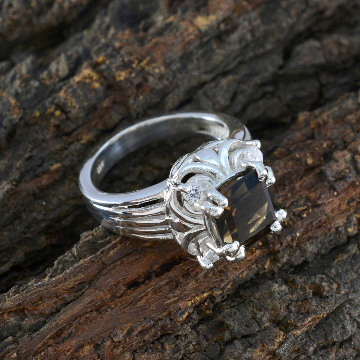 Smoky Quartz Halo French 92.5 Silver Brown Gemstones Mid weight Feminine Ring Jewelry