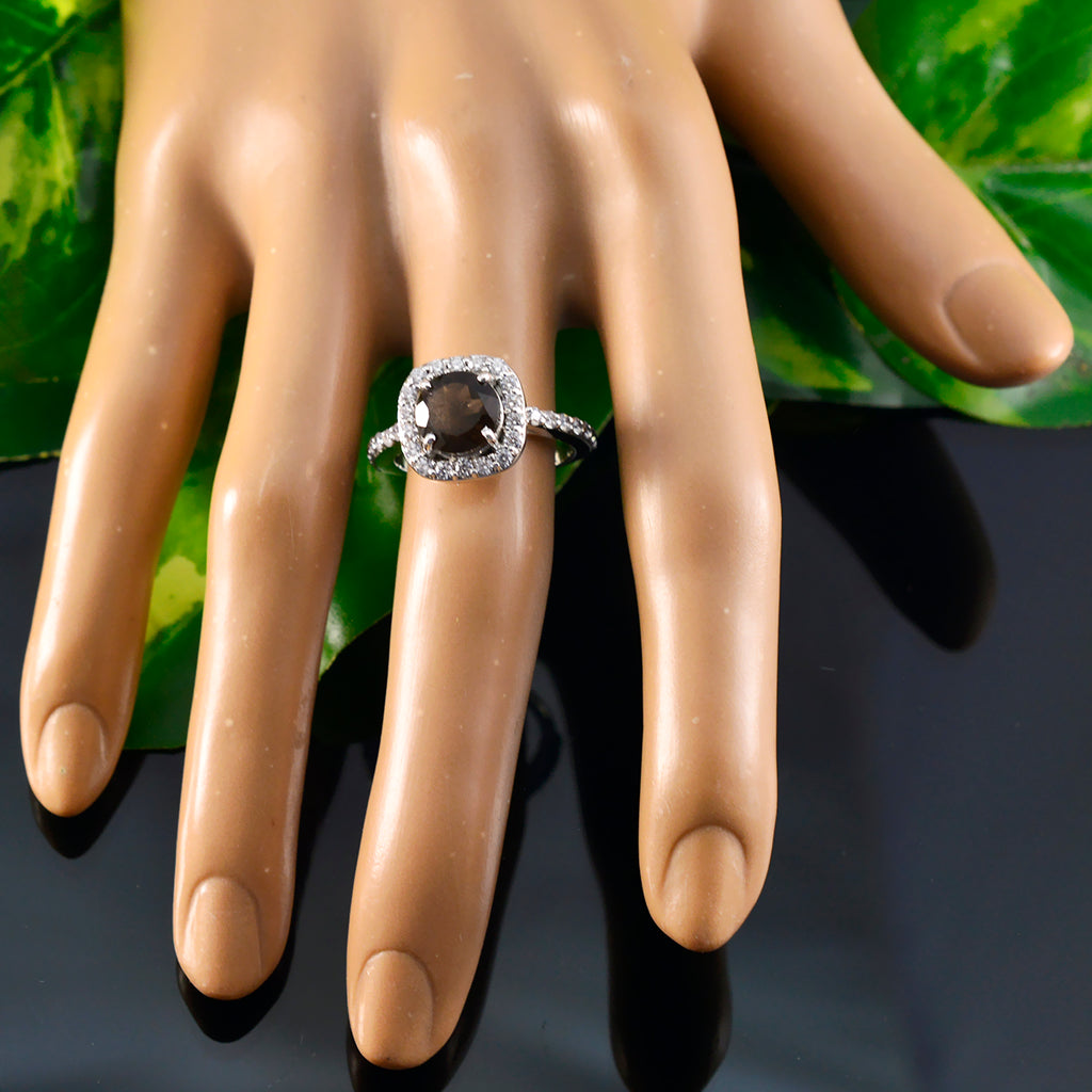 Smoky Quartz Halo German Silver Brown Gemstone Slim Glamorous Ring Jewelry