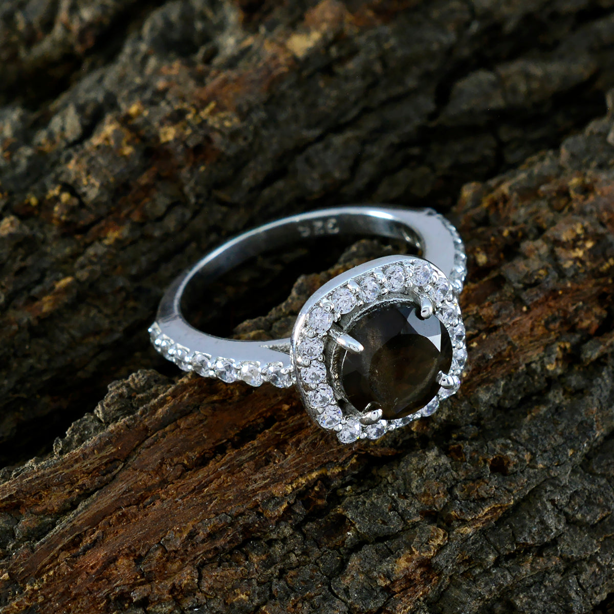 Smoky Quartz Halo German Silver Brown Gemstone Slim Glamorous Ring Jewelry