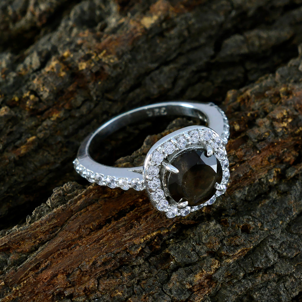 Smoky Quartz Halo German Silver Brown Gemstone Slim Glamorous Ring Jewelry