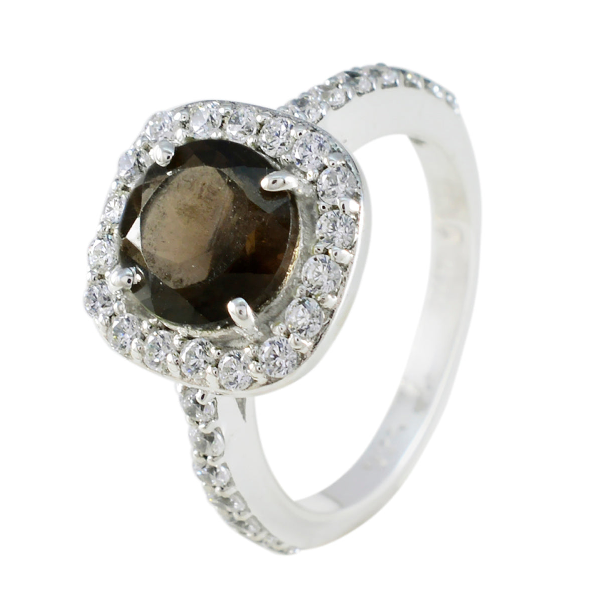 Smoky Quartz Halo German Silver Brown Gemstone Slim Glamorous Ring Jewelry