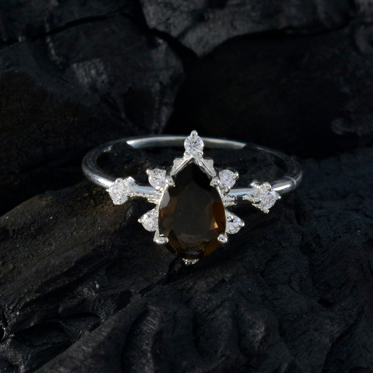 Smoky Quartz Halo Korean Silver Brown Gems Delicate Contemporary Ring Jewelry