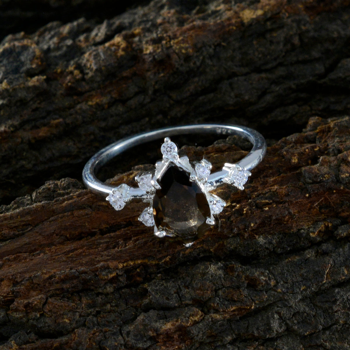 Smoky Quartz Halo Korean Silver Brown Gems Delicate Contemporary Ring Jewelry