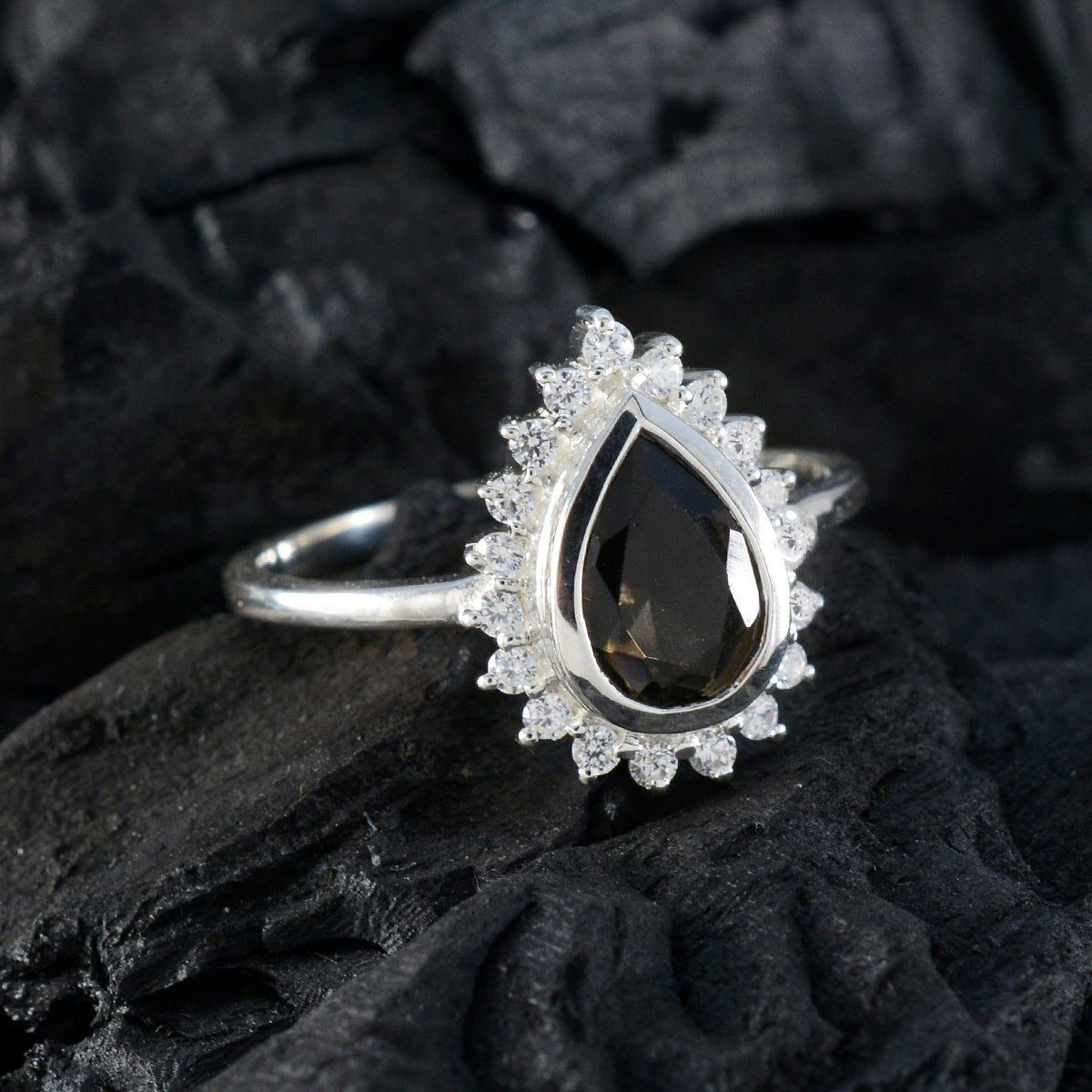 Smoky Quartz Halo Korean 92.5 Silver Brown Gems Dainty Graceful Ring Jewelry